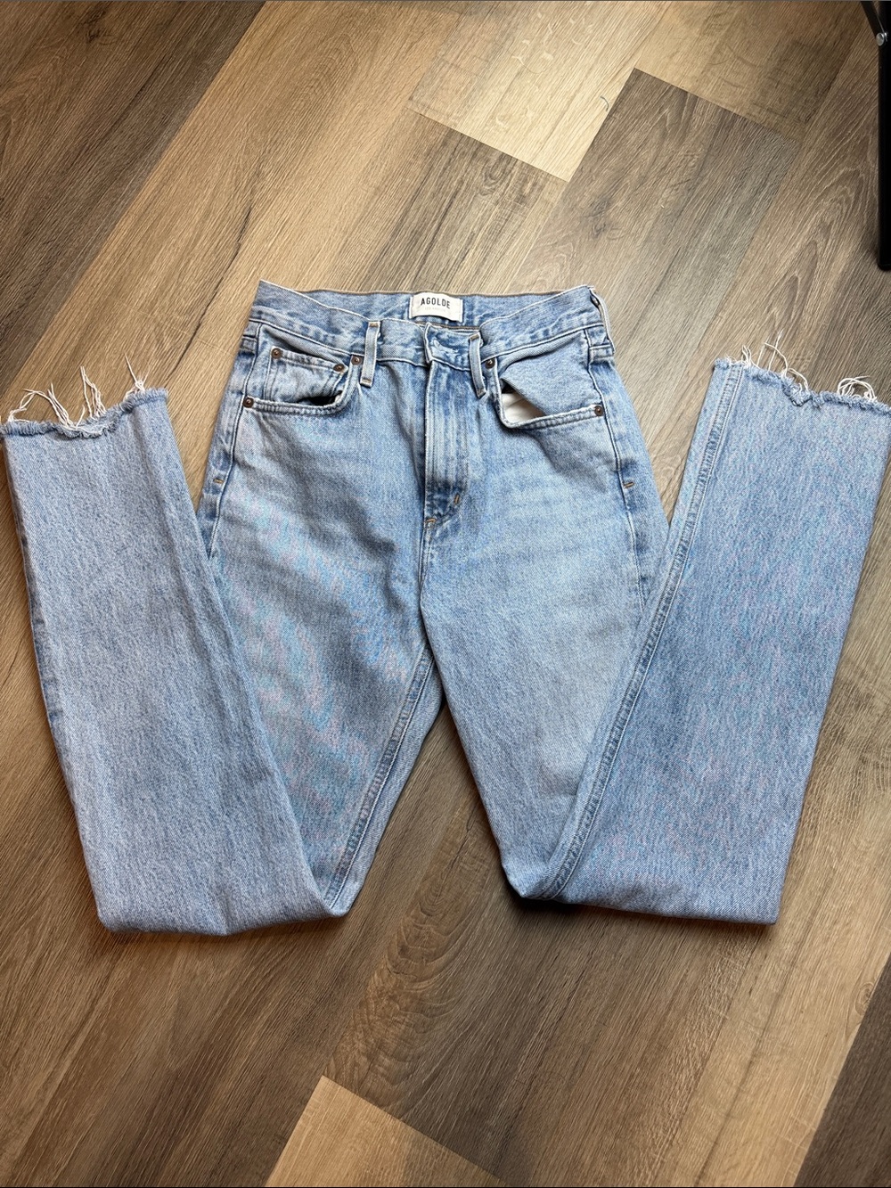 Agolde Light Wash High-Rise Straight Leg Jeans with Frayed Hem